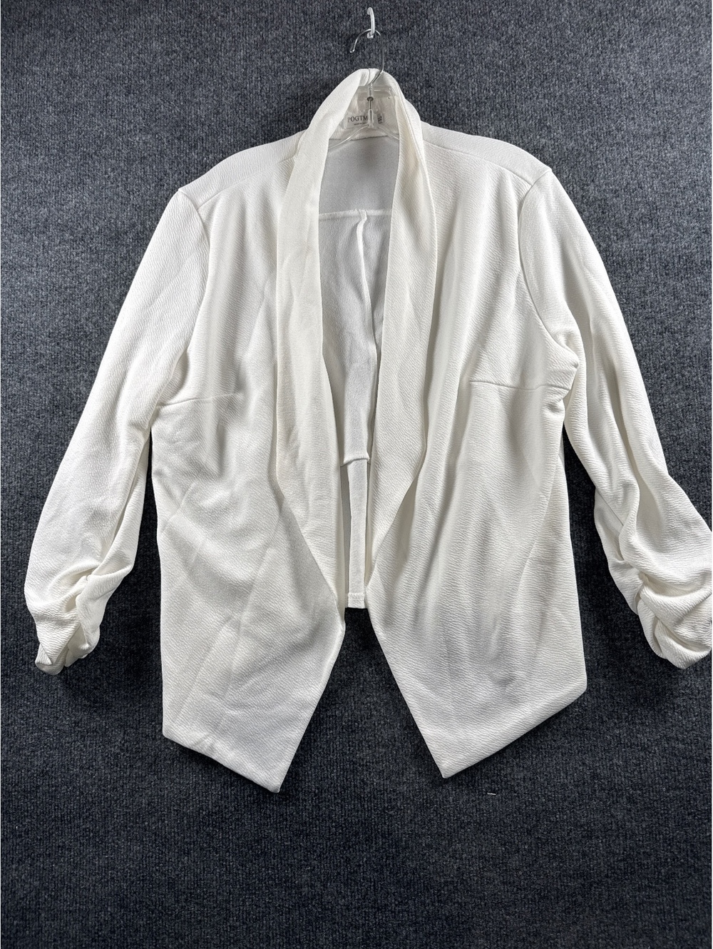 POGTMM Womens White Open Front Blazer Jacket Size XL Ruched Sleeve Lightweight